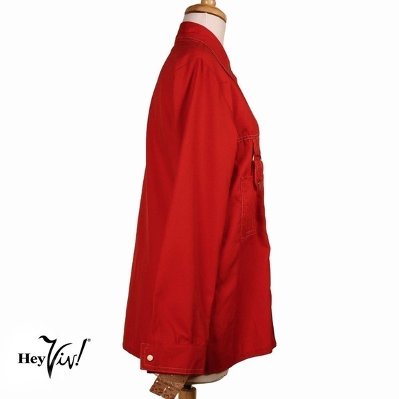 Vintage 60s Dress Barn Snap Front Red Blouse 14 Top Stitching Paper Tag -Hey Viv - Picture 2 of 7